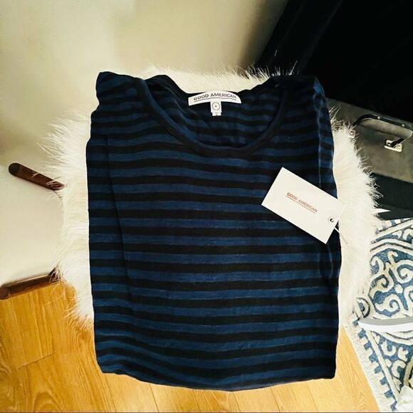 Good American Long Sleeve Linen Crew Neck Shirt, Black/Blue, Size 14/16 (XL) NWT - Picture 6 of 9